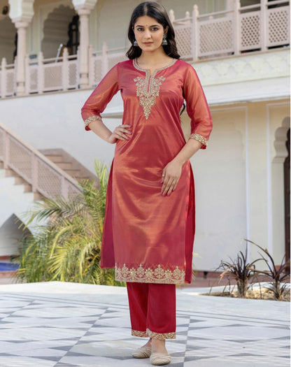 Women net kurta pant embroidery dupatta set