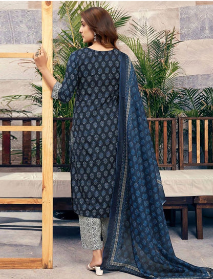 Navy blue Cotton Printed Kurta Pant Set With Dupatta