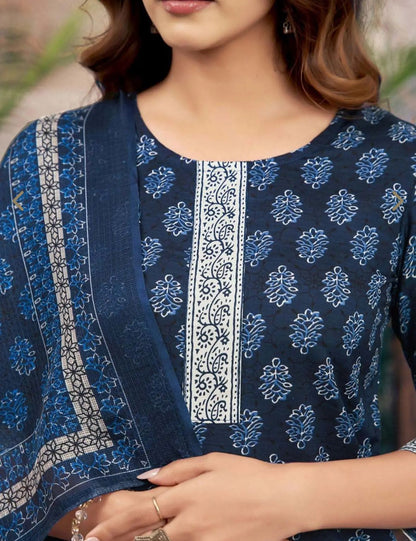 Navy blue Cotton Printed Kurta Pant Set With Dupatta