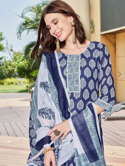 White & Blue Floral Kurta With Pant & Dupatta