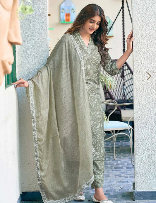 Green Floral Kurta With Pant & Dupatta