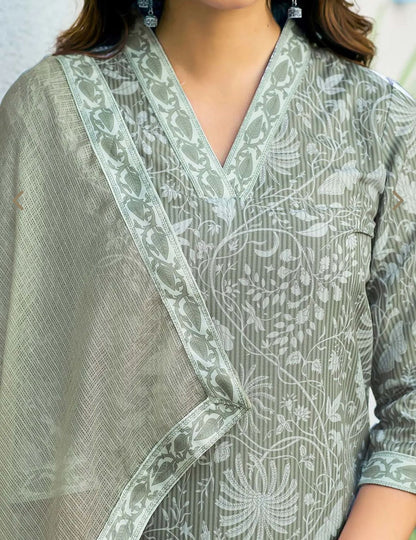 Green Floral Kurta With Pant & Dupatta
