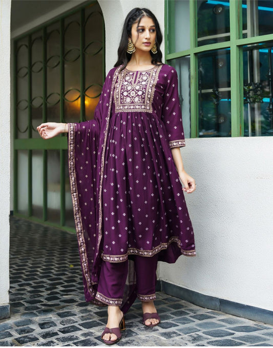 Embellished, geometric print anarkali kurta, bottom & dupatta set