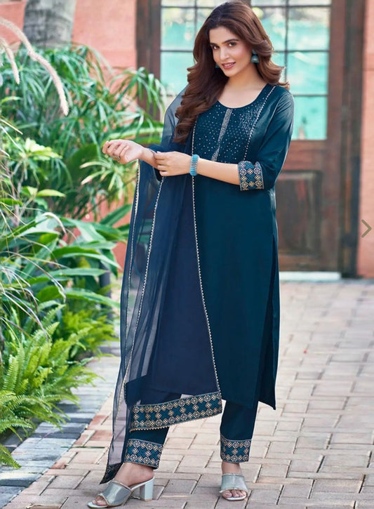 Blue Embroidered Kurta Pant Set With Dupatta