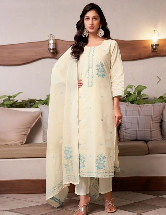 Cream Cotton Self Design Kurta Set With Dupatta