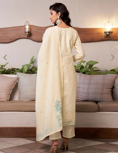 Cream Cotton Self Design Kurta Set With Dupatta