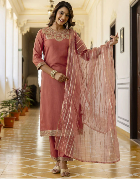 Embellished, embroidered kurta, salwar & dupatta set