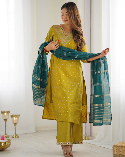 Embellished, Embroidered, Woven Kurta, Salwar & Dupatta Set