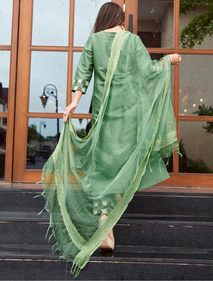 Women's Printed Art Silk Straight Kurta Set with Dupatta