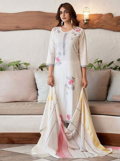 Woven Pattern Kurta Pant Set With Dupatta