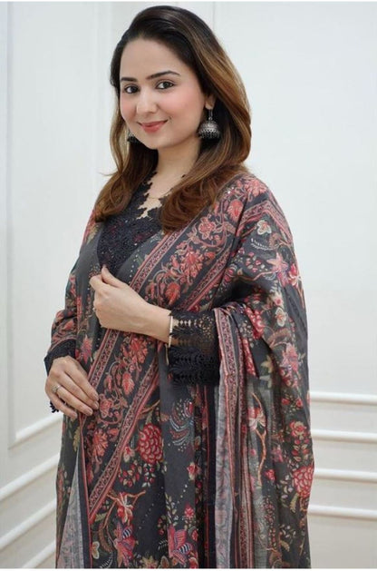 Women black art silk pakistani suit, sequin embroidery and lace detailing all over