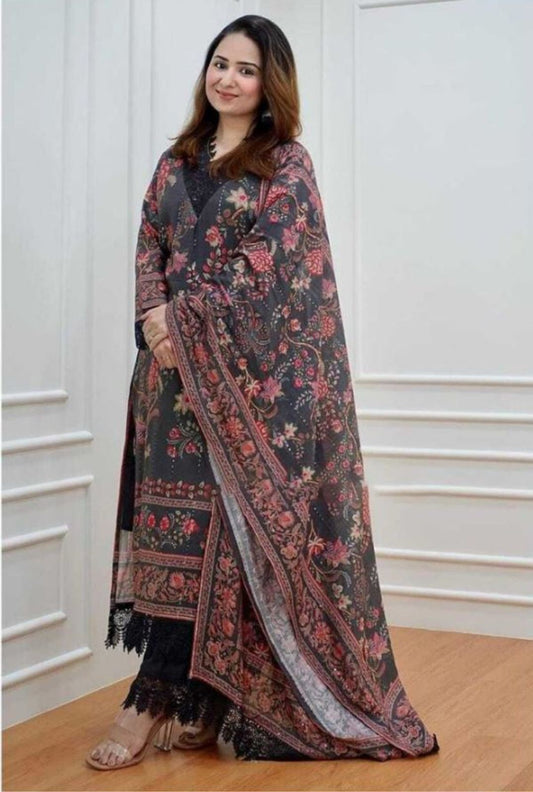 Women black art silk pakistani suit, sequin embroidery and lace detailing all over