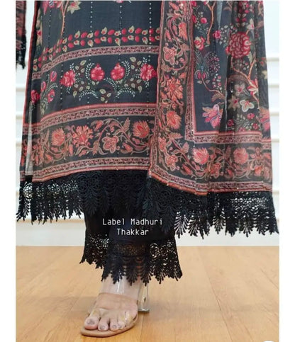 Women black art silk pakistani suit, sequin embroidery and lace detailing all over