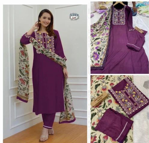 Women cotton designer neck kurta pant dupatta set