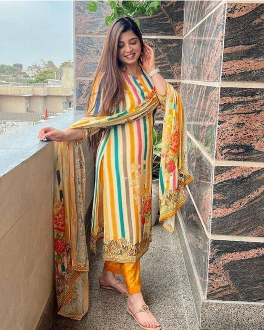 Women cotton , Striped kurta palazzo dupatta set