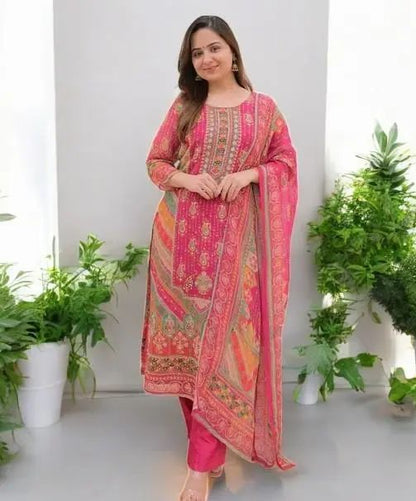 Women heavy printed muslin kurta pant dupatta set