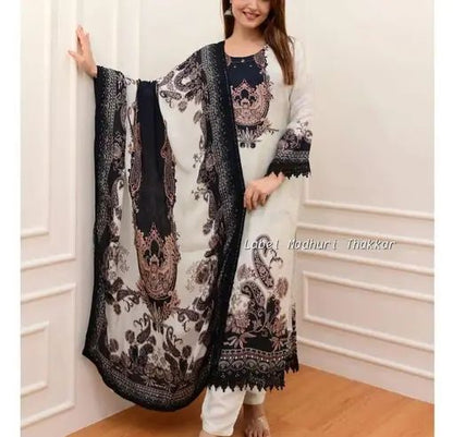 Ivory Muslin Pakistani Suit with Digital Prints and Shifli Chikankari Lace