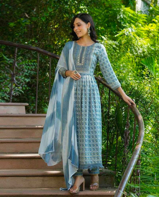 Woven, printed self design kurta, trouser/pant & dupatta set