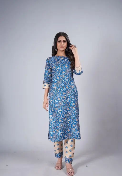 Women blue printed dailywear/office wear kurti pant set