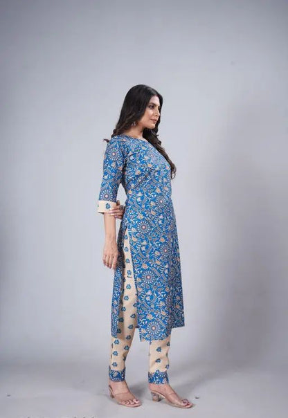 Women blue printed dailywear/office wear kurti pant set