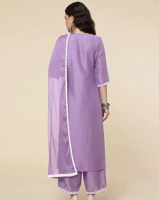 Women self design neck , purple kurti pant set