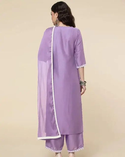 Women self design neck , purple kurti pant set