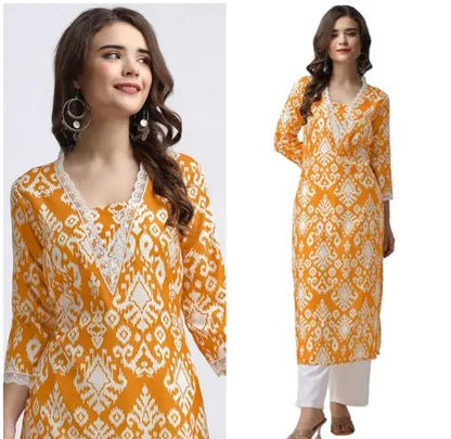 Women embroidered neck yellow kurti pant set