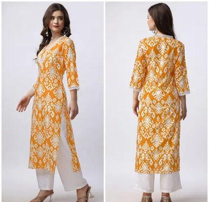 Women embroidered neck yellow kurti pant set