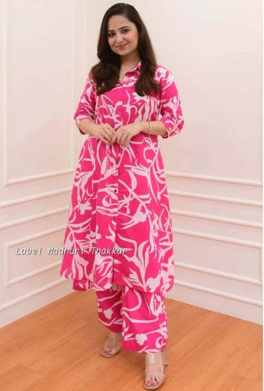 Women pink printed dailywear kurti pant set