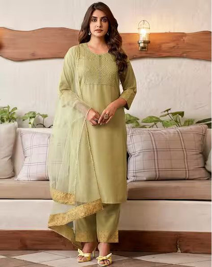 Women Embroidered Straight Kurta, net dupatta Suit Set