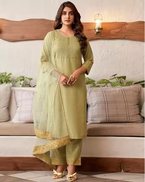 Women Embroidered Straight Kurta, net dupatta Suit Set