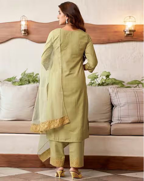 Women Embroidered Straight Kurta, net dupatta Suit Set